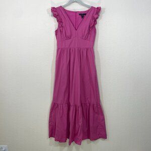 Maggy London Maxi Dress Size 2 Pink Cotton Ruffle‎ Flutter Sleeve Tiered V-Neck